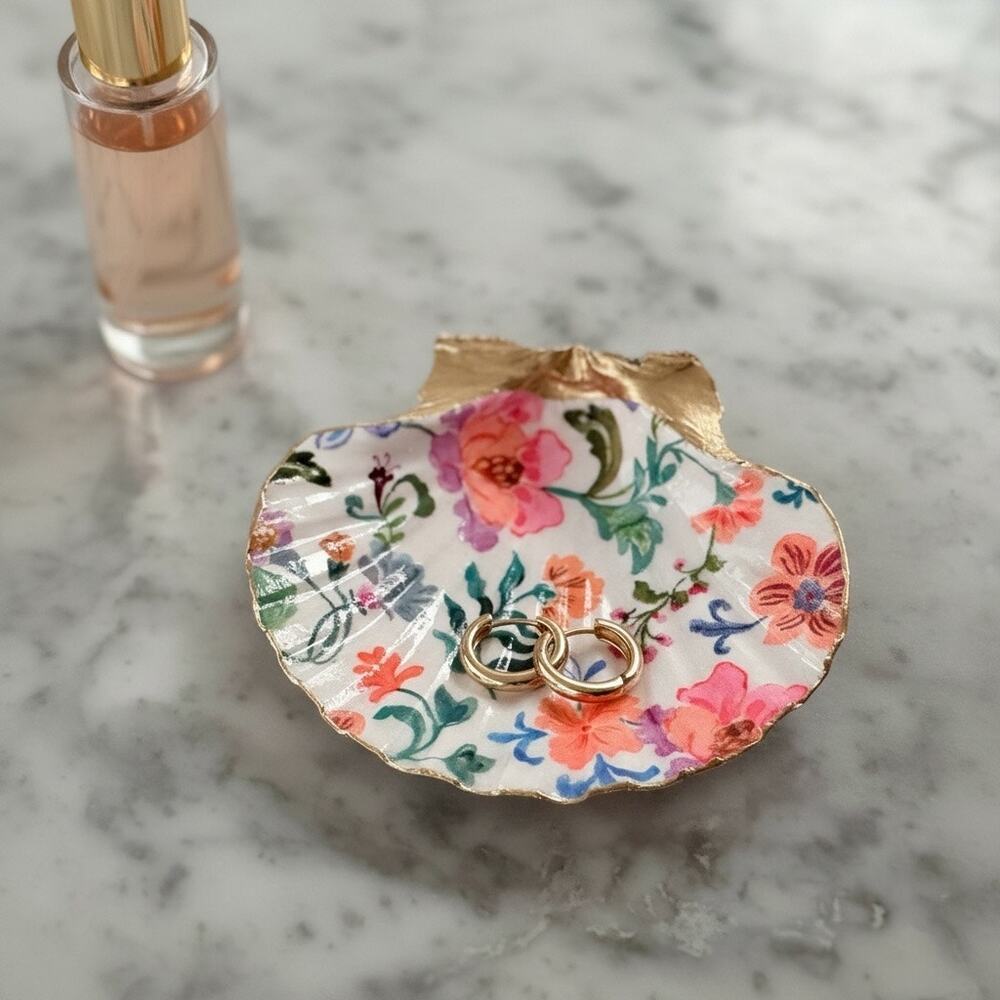 Colorful Chintz Floral Shell Trinket Dish, Flower Ring Holder